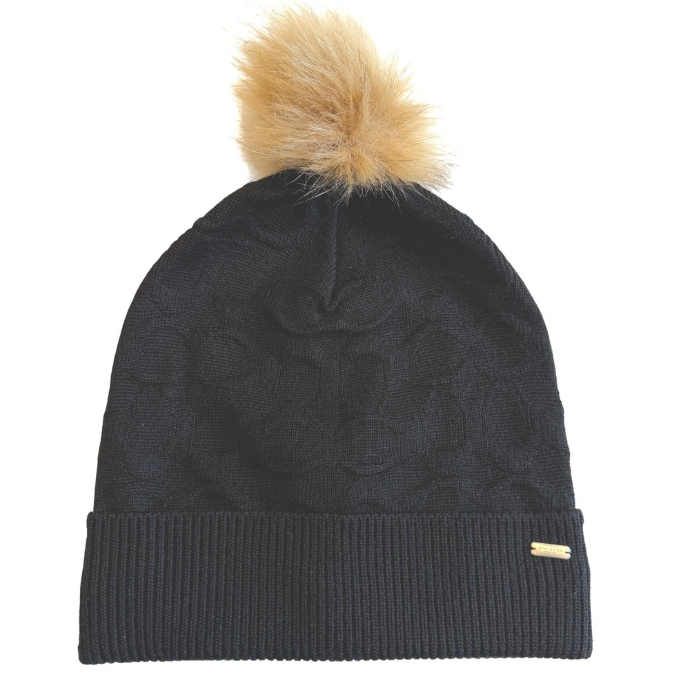 Coach Beanie Hat Women OS Black Signature C Pom Pom Knit F32713 Winter Chic